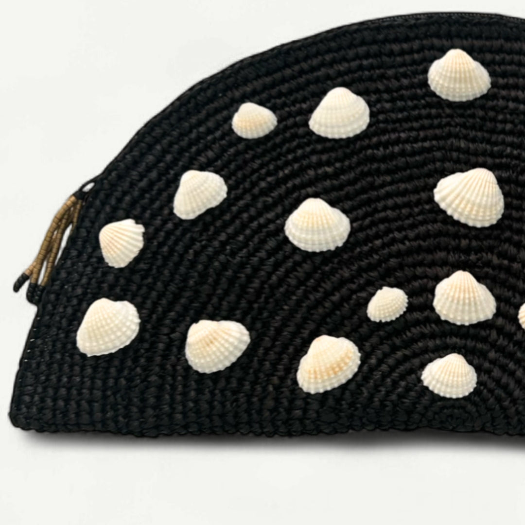 Raffia Shell Clutch - Black