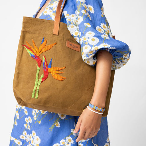 Khaki Go-To Tote - Beaded Bird-of-Paradise lifestyle image