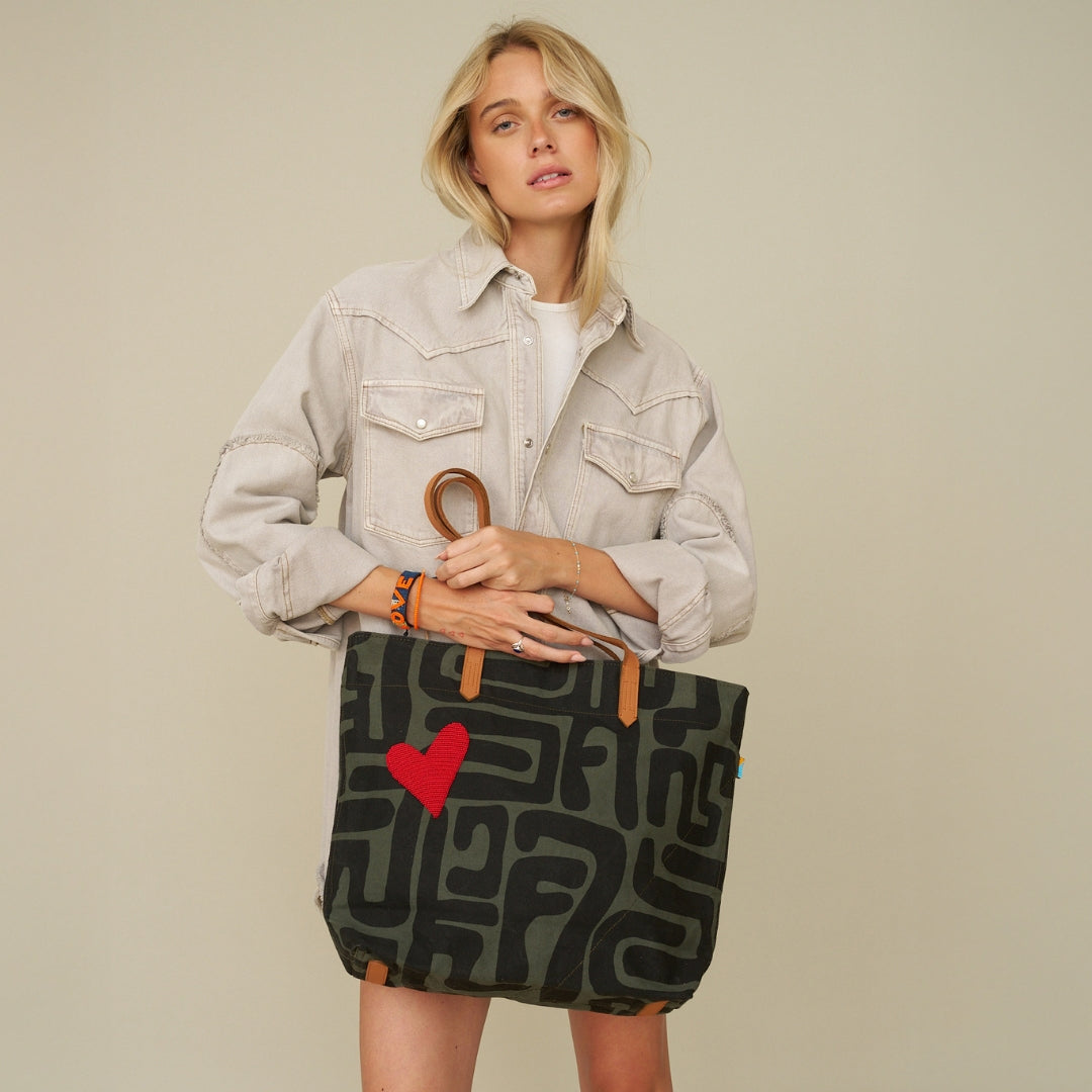 Go To Tote - Safari Kuba with Red Beaded Heart