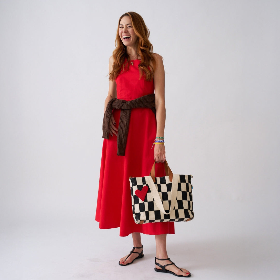 Commuter Bag - Black Checker with Red Beaded Heart