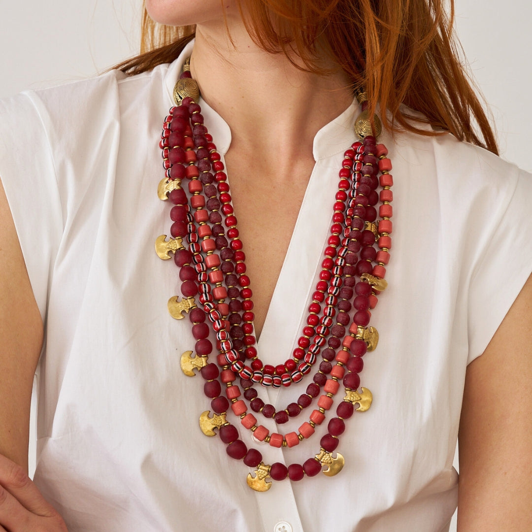 African Multi Bead Waterfall Necklace - Garnet