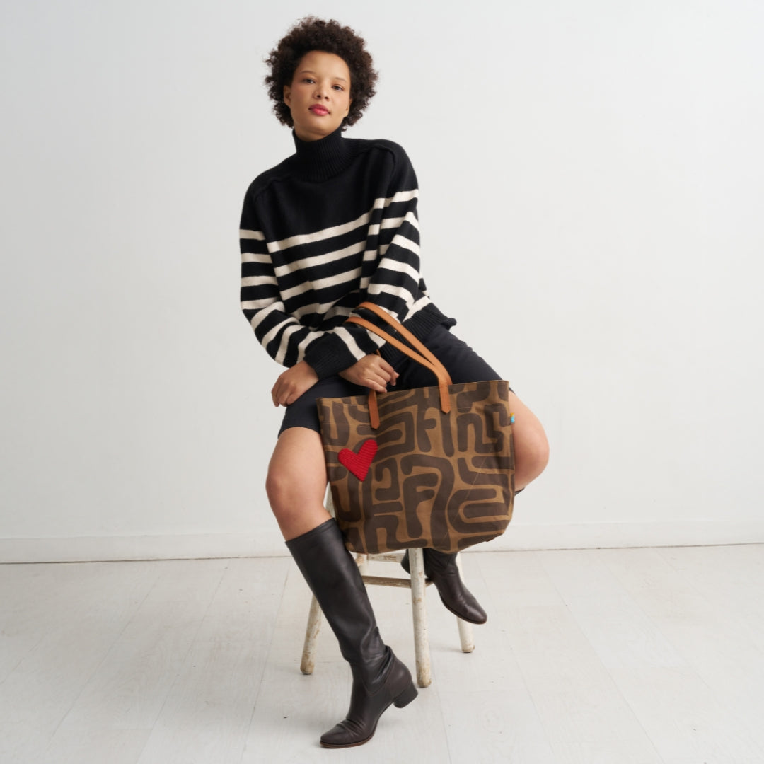 Go To Tote - Coffee Kuba with Red Beaded Heart