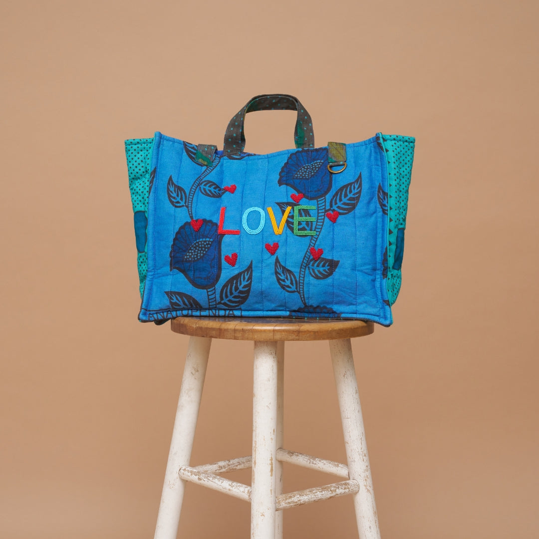 Kanga Tote with Beaded Love- Marine