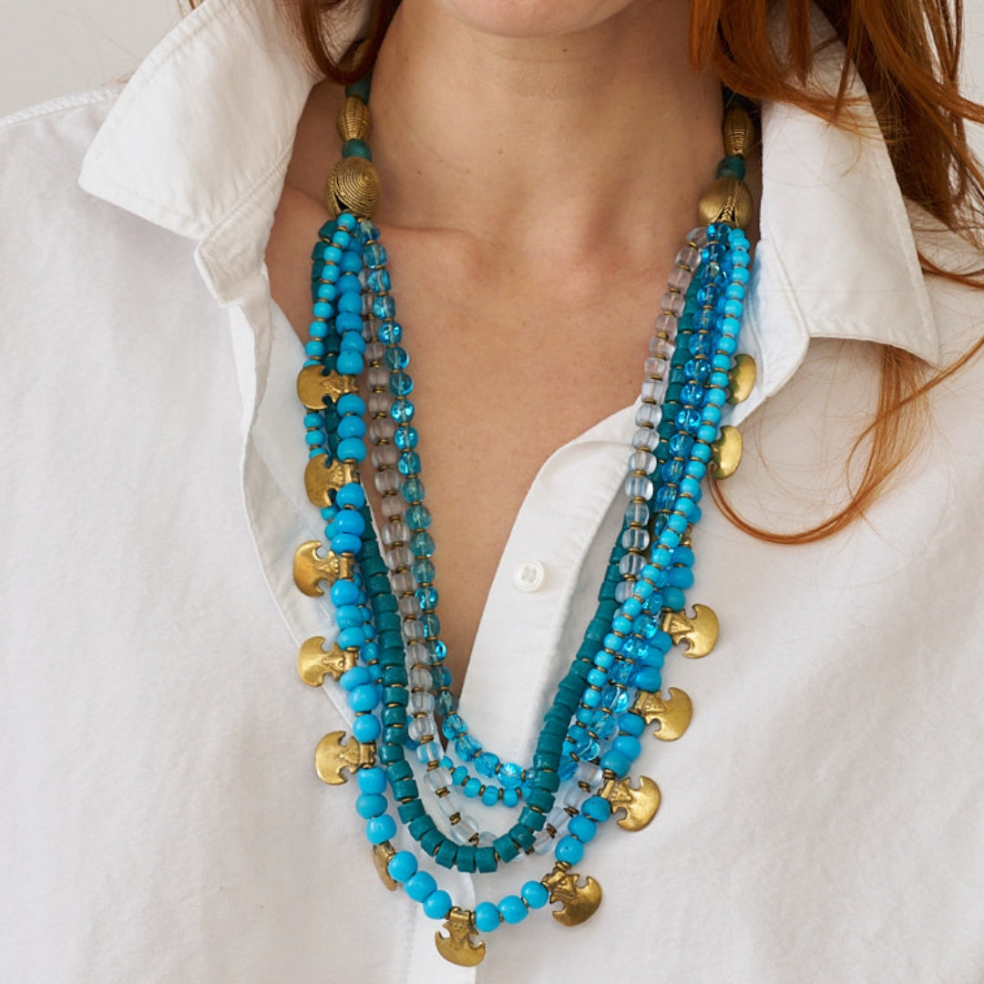 African Multi Bead Waterfall Necklace - Azure