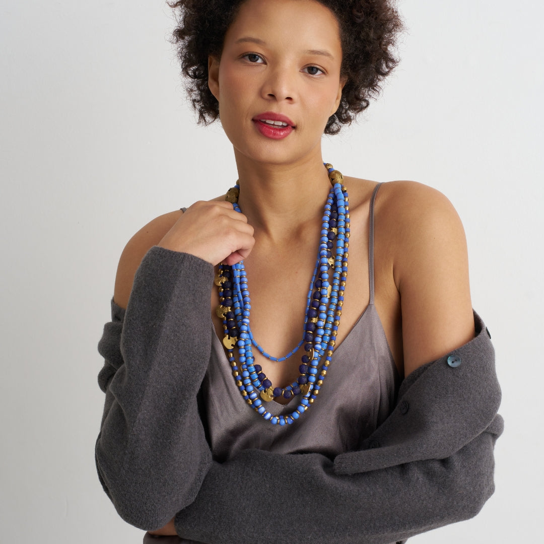 African Multi Bead Waterfall Necklace - Dark Blue