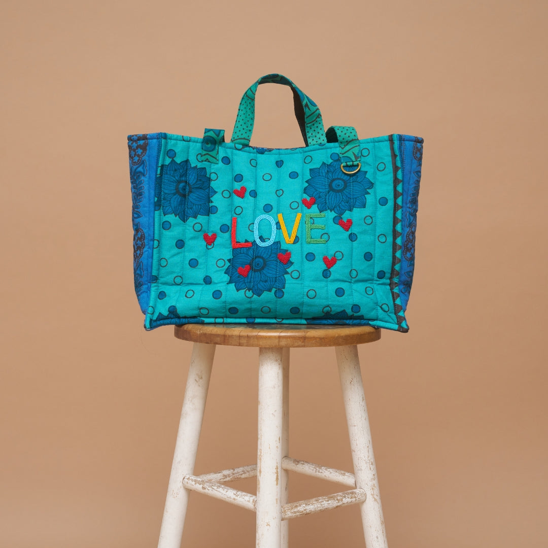 Kanga Tote with Beaded Love - Blue