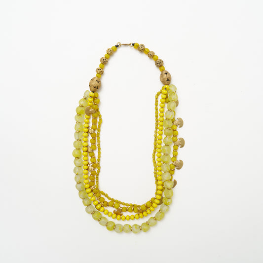 African Multi Bead Waterfall Necklace - Yellow