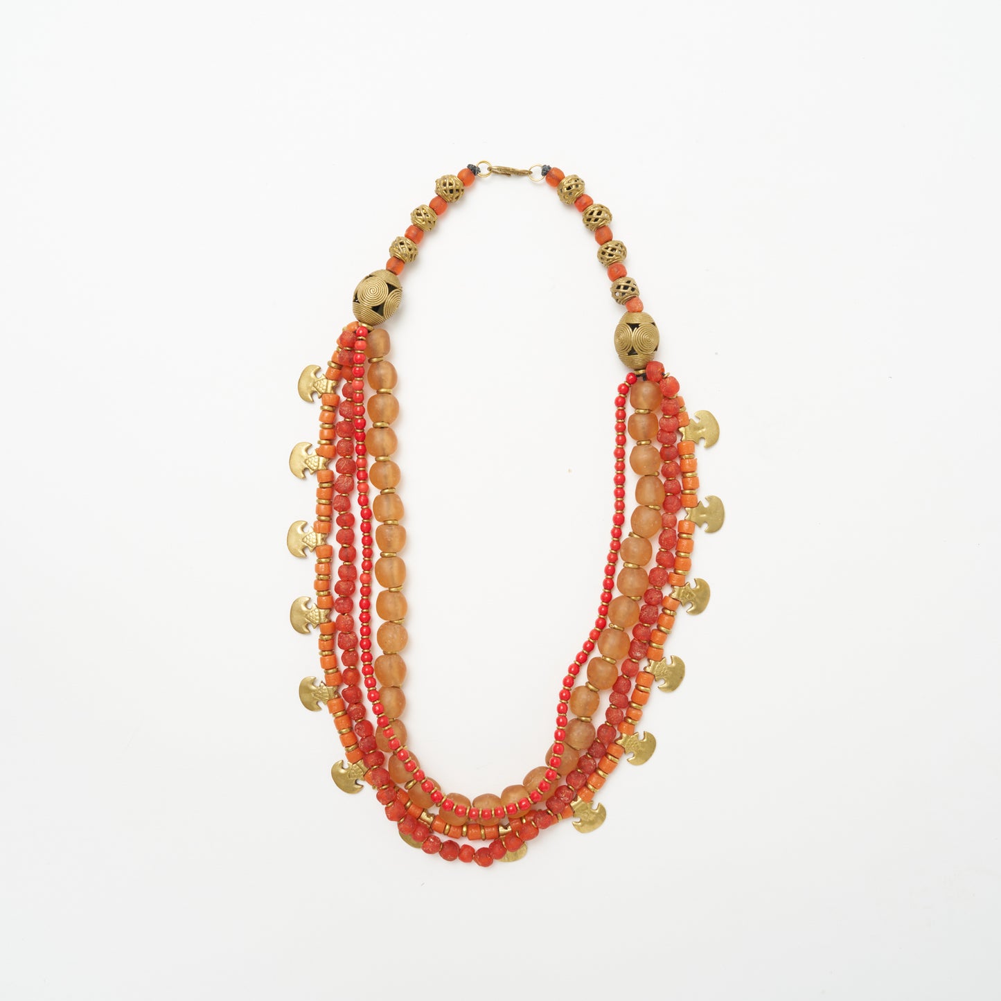 African Multi Bead Waterfall Necklace - Coral