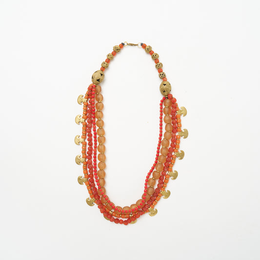 African Multi Bead Waterfall Necklace - Coral