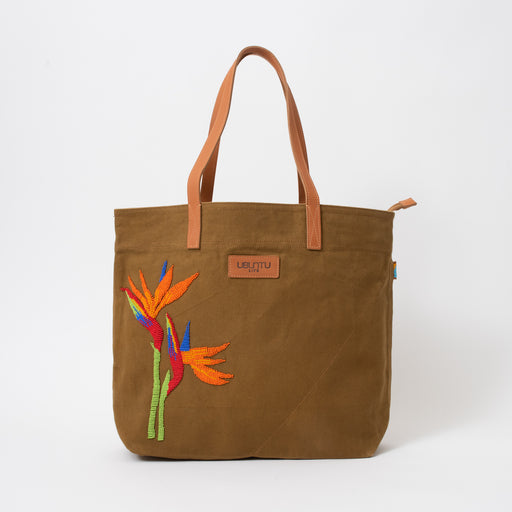 Khaki Go-To Tote - Beaded Bird-of-Paradise
