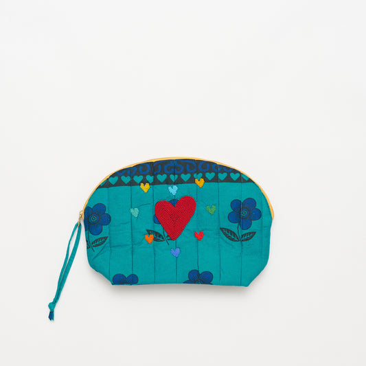 Kanga Pouch with Beaded Hearts - Aquamarine