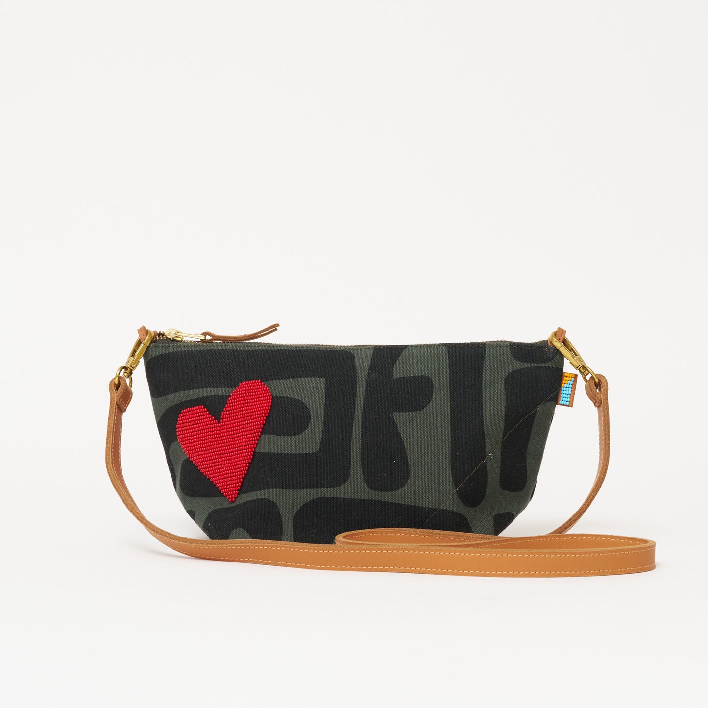 Large Convertible Pouch - Safari Kuba with Red Beaded Heart