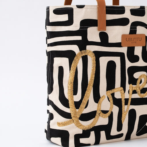 SAMPLE SALE: Beaded Gold LOVE Kuba Go-To Tote - Black/Eggshell lifestyle image