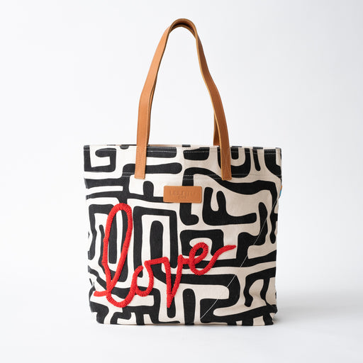 Beaded Red LOVE Kuba Go-To Tote - Black/Eggshell