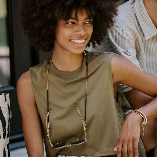 SAMPLE SALE: Sunglass Holder - Beige/Gold lifestyle image
