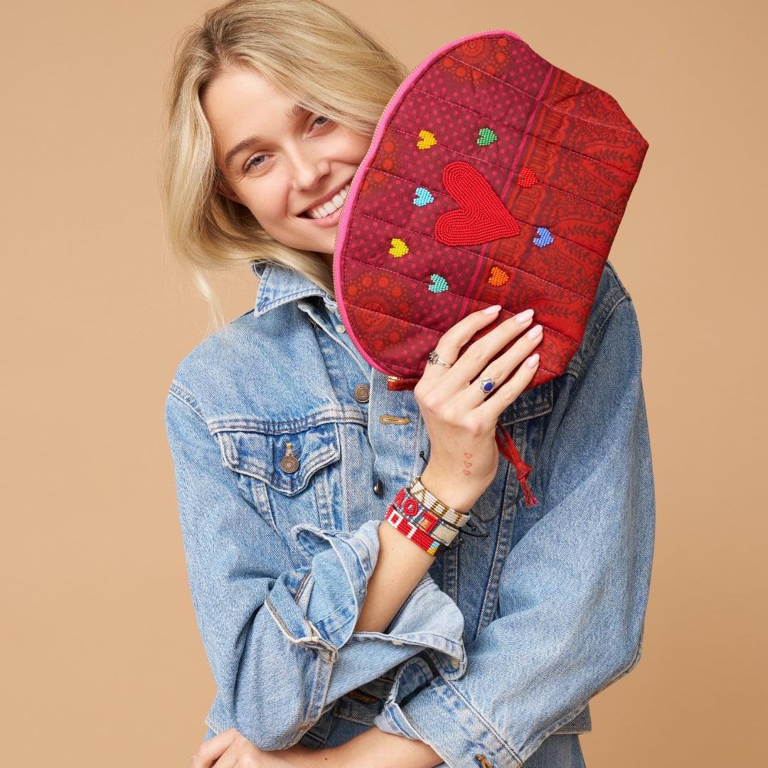 Kanga Pouch with Beaded Hearts – Crimson Mandala
