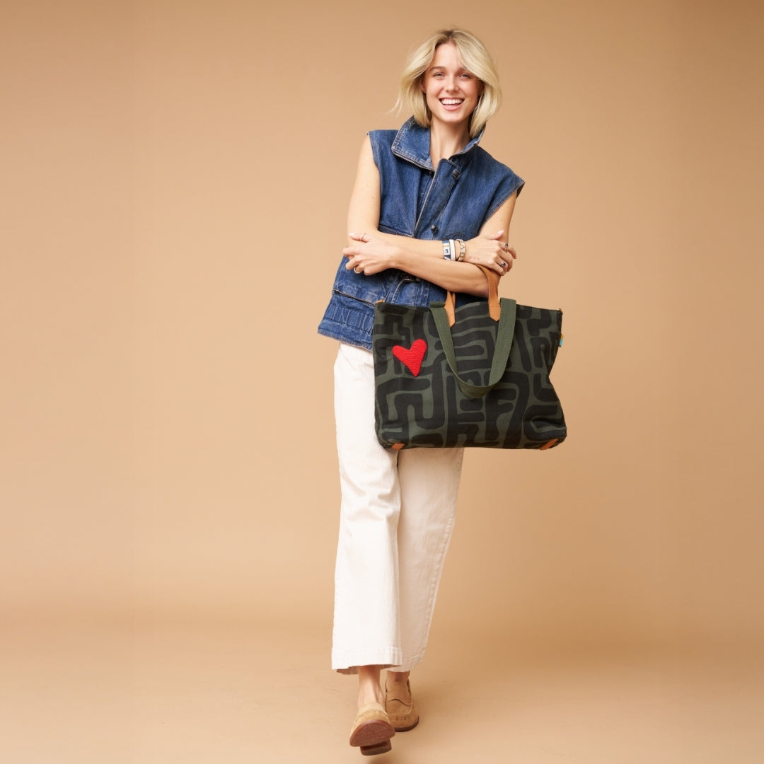 Carryall Bag - Safari Kuba with Red Beaded Heart