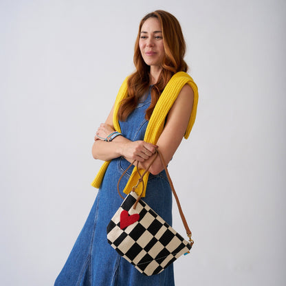 XLarge Convertible Pouch - Black Checker with Red Beaded Heart
