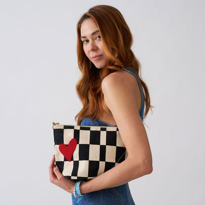 XLarge Convertible Pouch - Black Checker with Red Beaded Heart