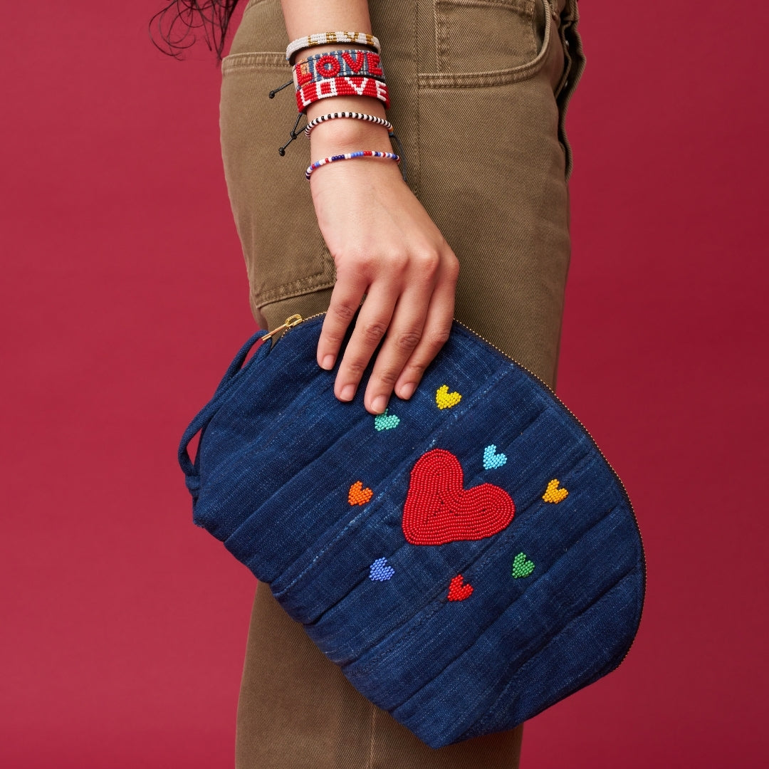 Indigo Pouch with Beaded Hearts