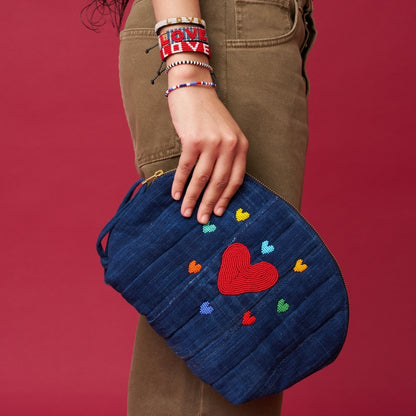 Indigo Pouch with Beaded Hearts