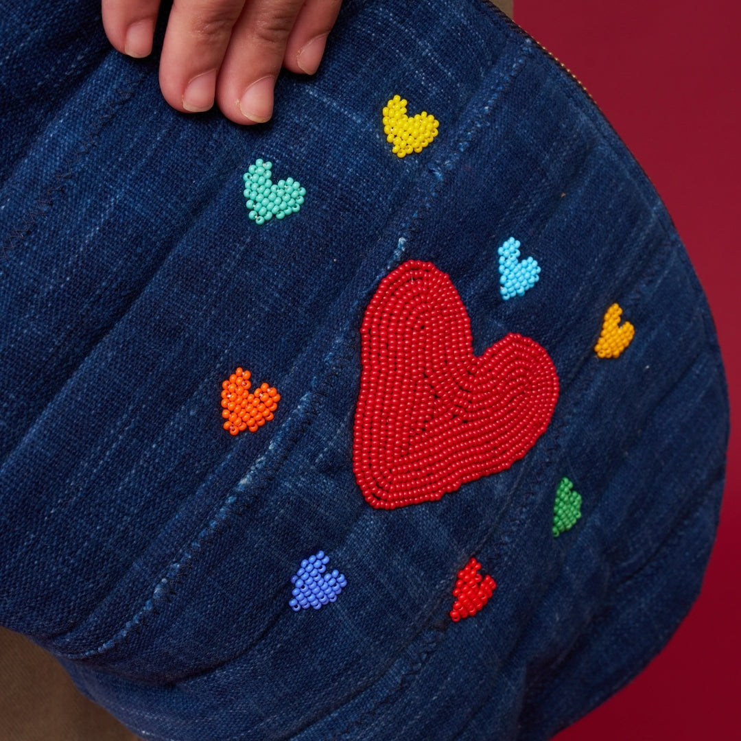 Indigo Pouch with Beaded Hearts