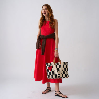 Commuter Bag - Black Checker with Red Beaded Heart