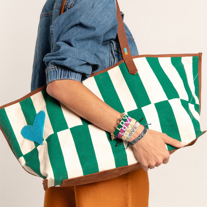 Shoulder Tote - Emerald Columns with Aqua Beaded Heart