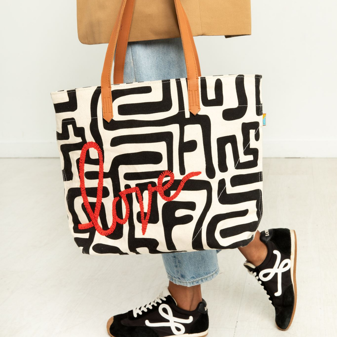 Go-To Tote - Black Kuba with Beaded Red Love