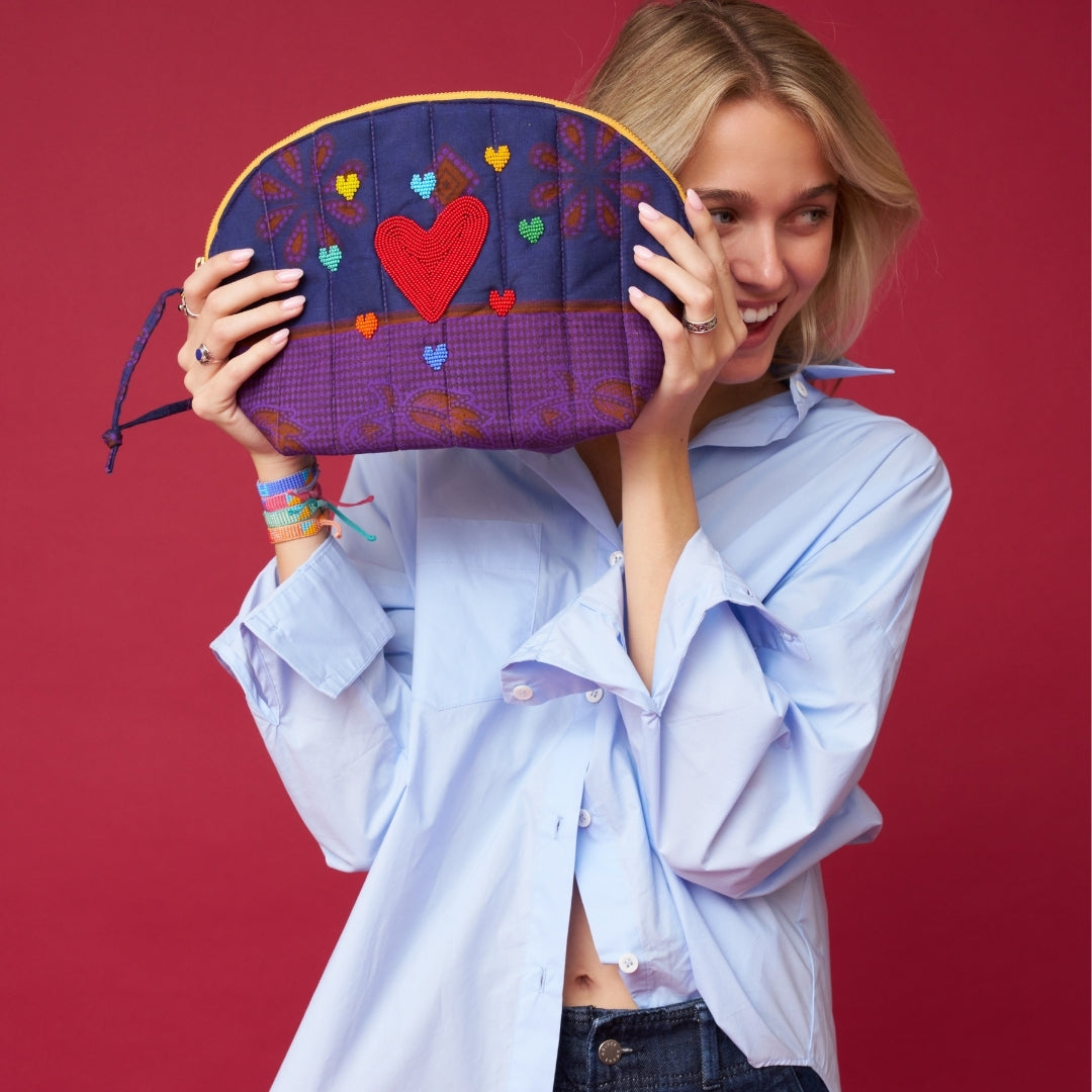 Kanga Pouch with Beaded Hearts – Violet Mosaic
