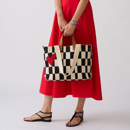 Commuter Bag - Black Checker with Red Beaded Heart