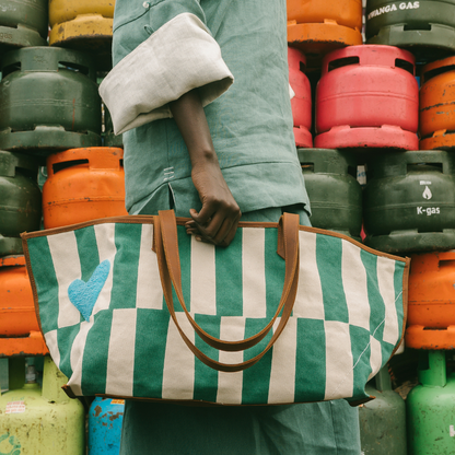 Shoulder Tote - Emerald Columns with Aqua Beaded Heart