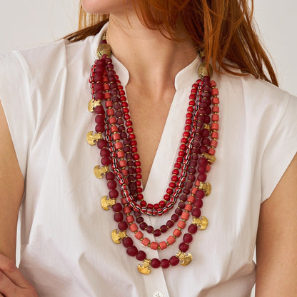 African Multi Bead Waterfall Necklace - Garnet