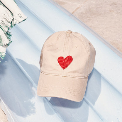 Beaded Hat - Khaki with Red Heart