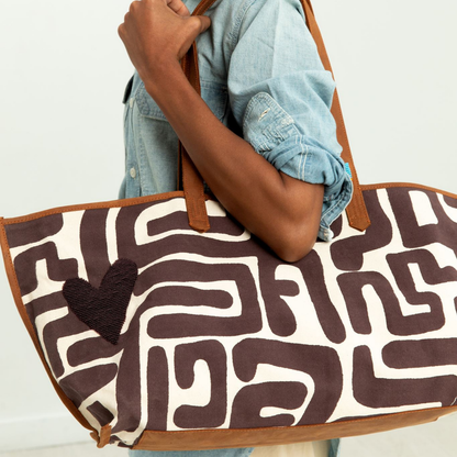 Shoulder Tote - Fig Kuba with Dark Purple Beaded Heart