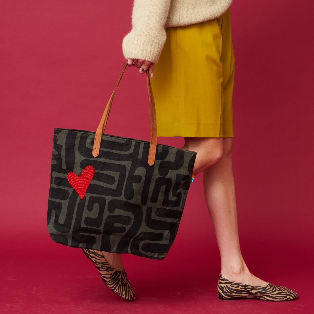 Go To Tote - Safari Kuba with Red Beaded Heart