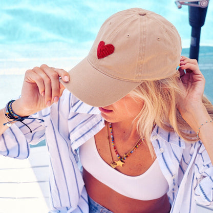 Beaded Hat - Khaki with Red Heart