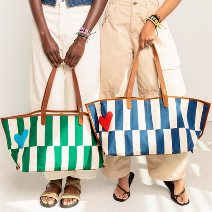 Shoulder Tote - Emerald Columns with Aqua Beaded Heart