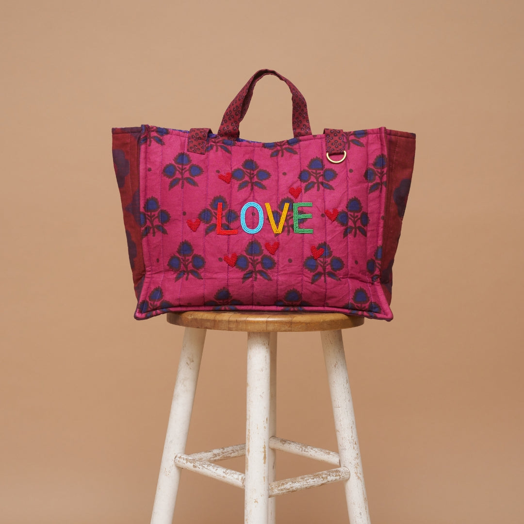 Kanga Tote with Beaded Love - Raspberry