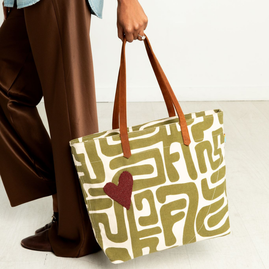 Go-To Tote - Moss Kuba with Brown Beaded Heart