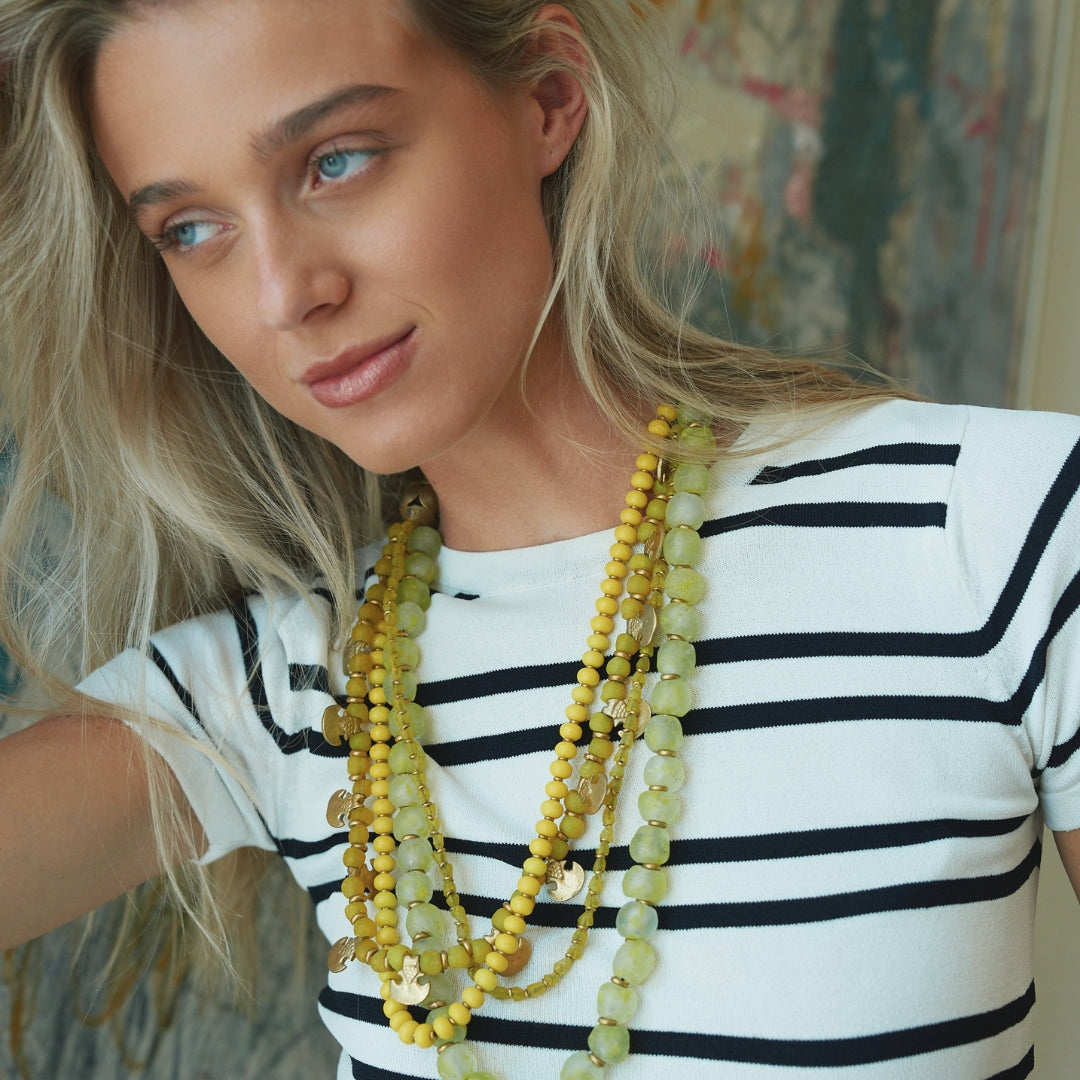 African Multi Bead Waterfall Necklace - Yellow