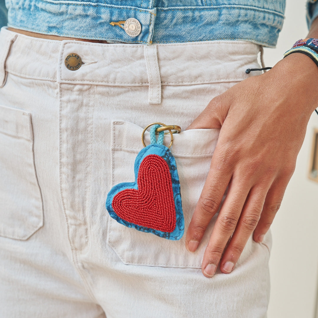 Kanga Beaded Heart Charm Keychain - Blue