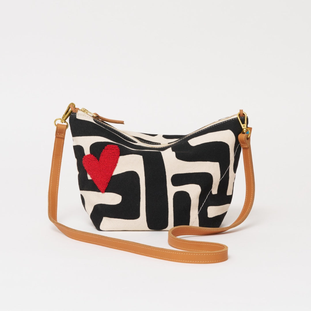 XLarge Convertible Pouch - Black Kuba with Beaded Red Heart