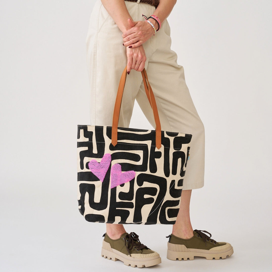 Go-To Tote - Black Kuba with Beaded Pink Hearts