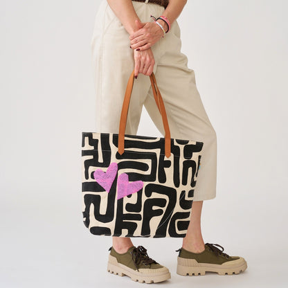 Go-To Tote - Black Kuba with Beaded Pink Hearts
