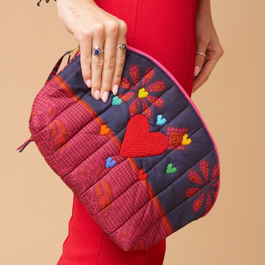 Kanga Pouch with Beaded Hearts – Indigo Mosaic