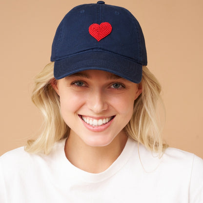Beaded Hat - Navy Blue with Red Heart