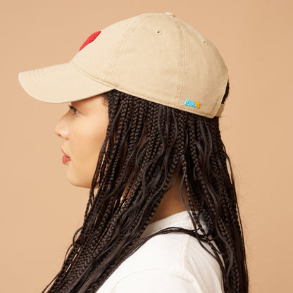 Beaded Hat - Khaki with Red Heart