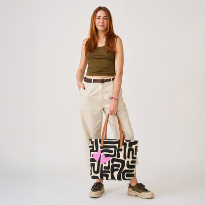 Go-To Tote - Black Kuba with Beaded Pink Hearts