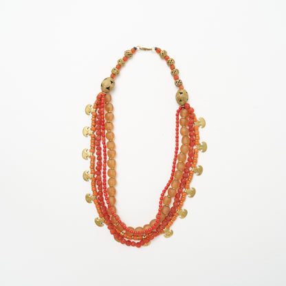 African Multi Bead Waterfall Necklace - Coral
